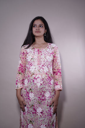 Dark Pink Long Cotton Printed Kurti