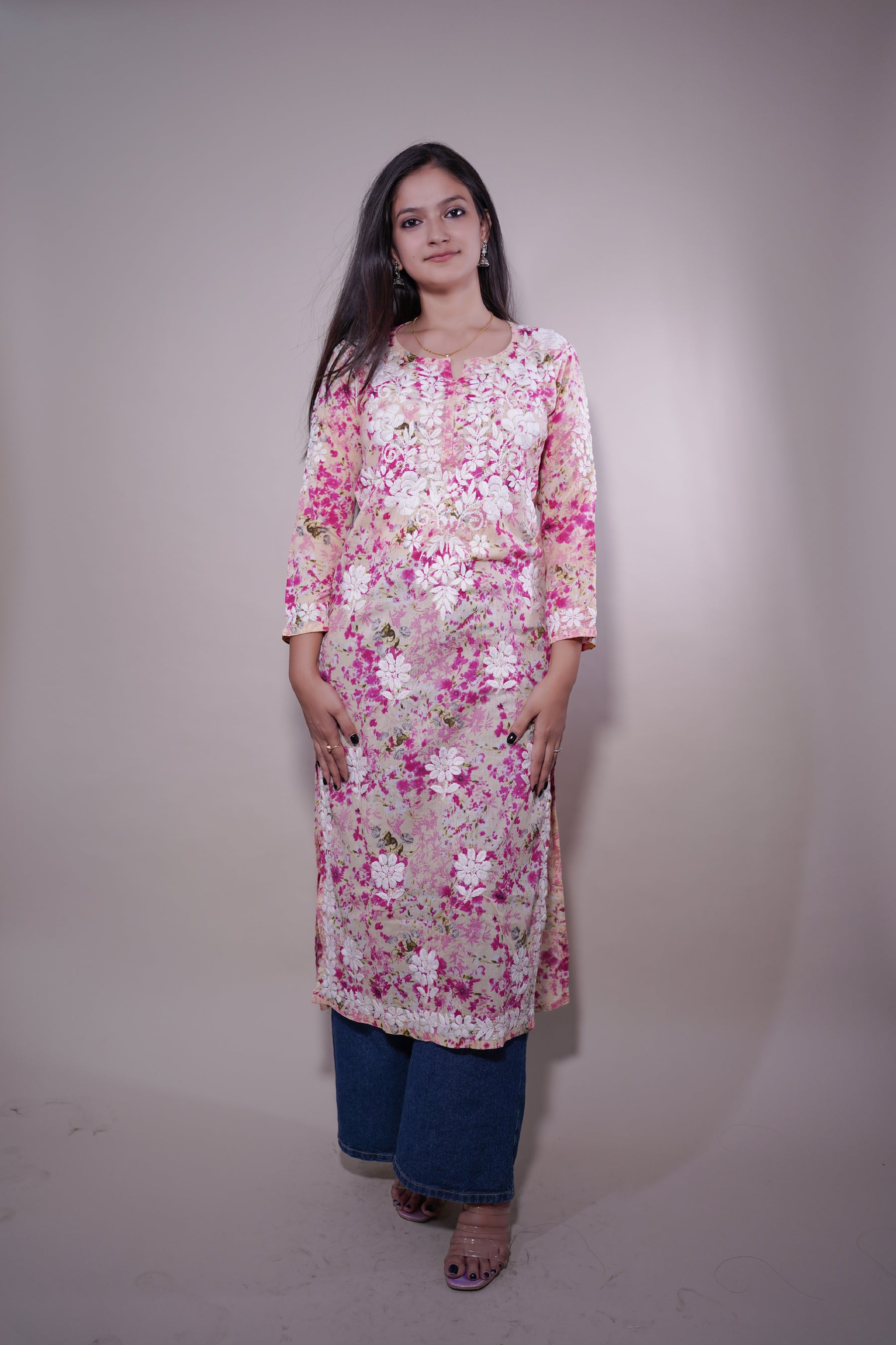 Dark Pink Long Cotton Printed Kurti