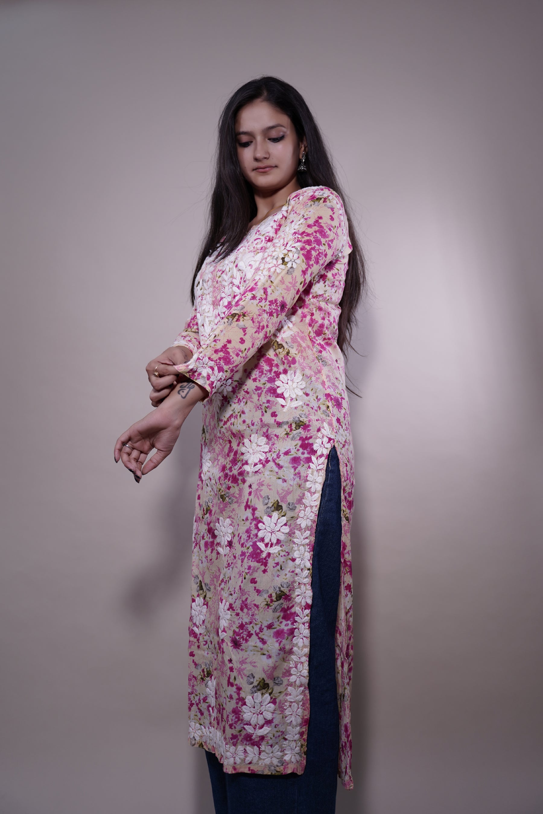 Dark Pink Long Cotton Printed Kurti