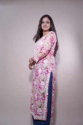 Dark Pink Long Cotton Printed Kurti