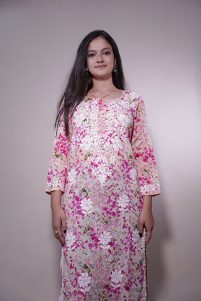 Dark Pink Long Cotton Printed Kurti