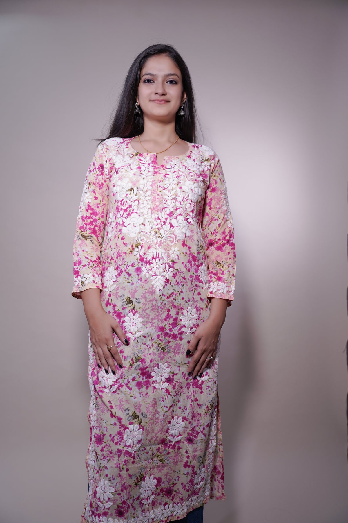 Dark Pink Long Cotton Printed Kurti