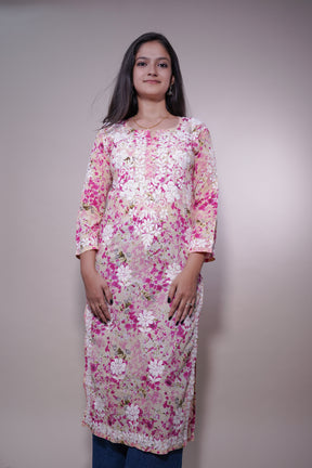 Dark Pink Long Cotton Printed Kurti